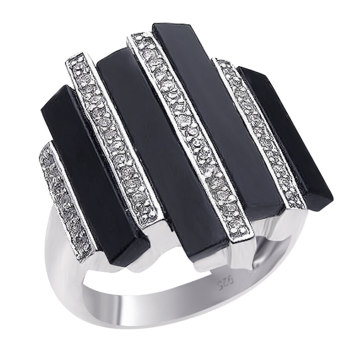 Clearance-Silver 925 Rhodium Plated Multiple Onyx Clear CZ Bars Ring - BGR00166