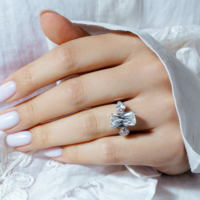 Clearance-Silver 925 Rhodium Plated Rectangular and Heart CZ Ring - STR00050CLR