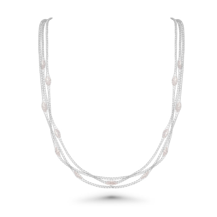 Clearance-Silver 925 Rhodium Plated Triple Strand Mesh Necklace Filled with Marquise CZ - ITN00050