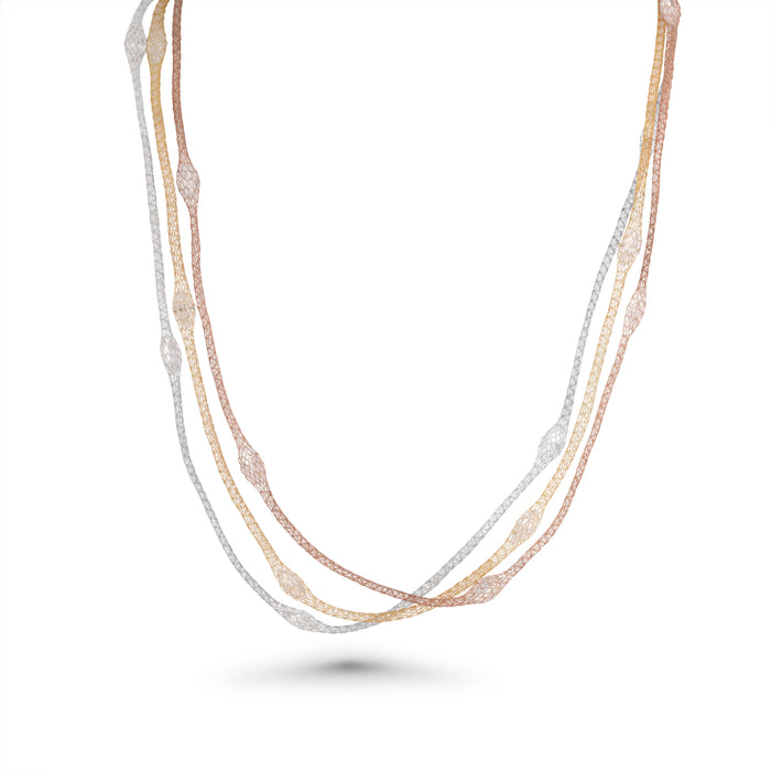 Clearance-Silver 925 Rhodium Plated Triple Strand Mesh Necklace Filled with Marquise CZ - ITN00050