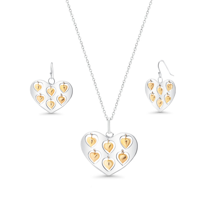 Clearance-Two-Tone 925 Sterling Silver Heart Necklace and Earrings Set with Mini Dangling Hearts - STS00072