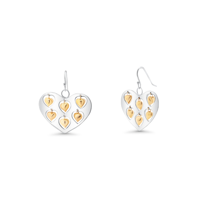 Clearance-Two-Tone 925 Sterling Silver Heart Necklace and Earrings Set with Mini Dangling Hearts - STS00072