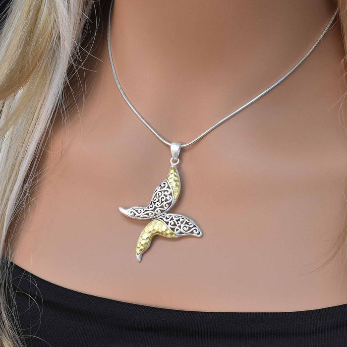 Clearance-Two-Tone 925 Sterling Silver Matte Finish  Filigree Butterfly Pendant - SPP00012