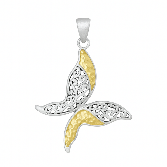 Clearance-Two-Tone 925 Sterling Silver Matte Finish  Filigree Butterfly Pendant - SPP00012