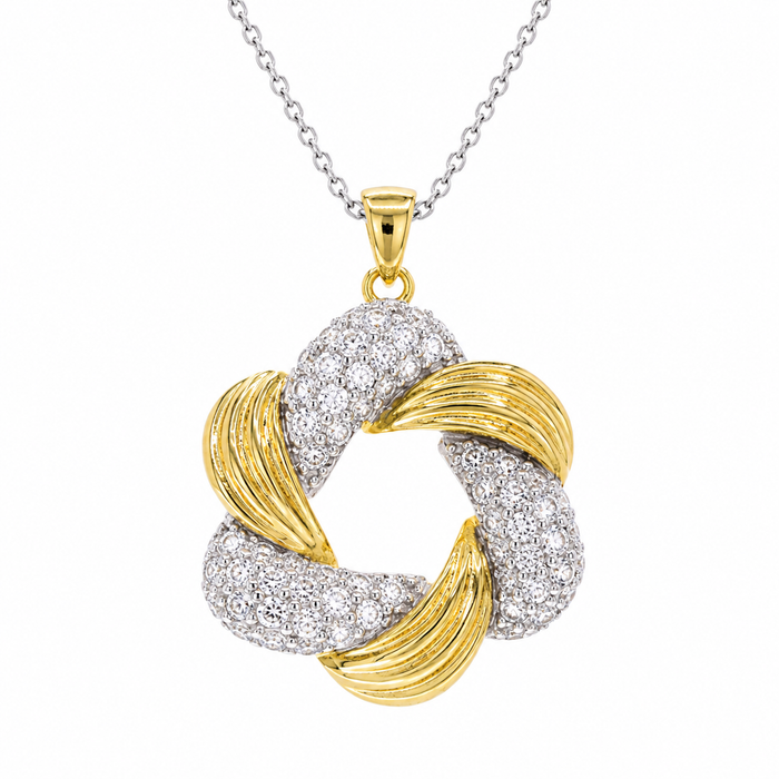 Clearance-Two Toned 925 Sterling Silver Interlocking Pave & Ribbed Circle Pendant Necklace - STP00825