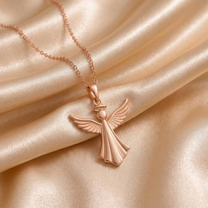Rose Gold Plated angel pendant necklace with halo and flared robe on champagne satin
