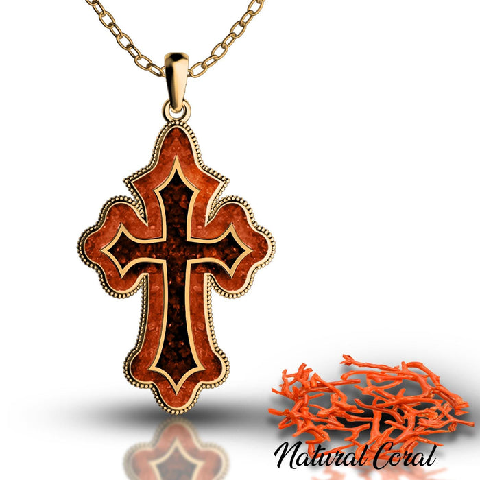 Coral Cross Necklace with coral-colored inlay, dark center cross, and beaded outer border on a white background