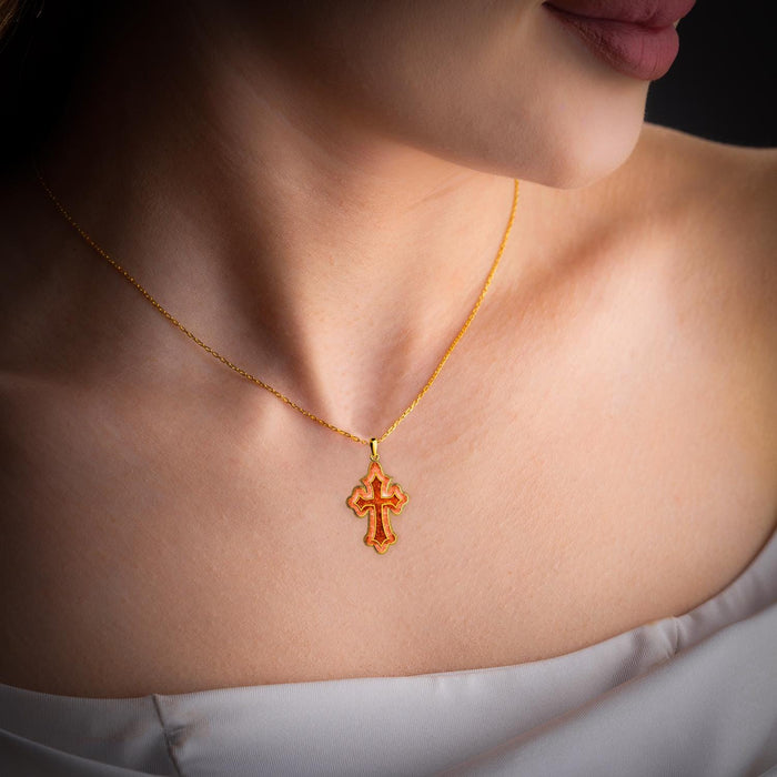 Coral Cross Necklace worn at the collarbone on a Gold Plated Silver chain