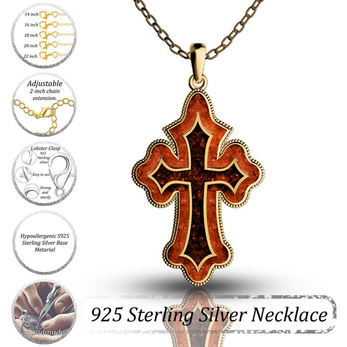 Coral Cross Necklace on a Gold Plated Silver chain with a lobster clasp and extender chain