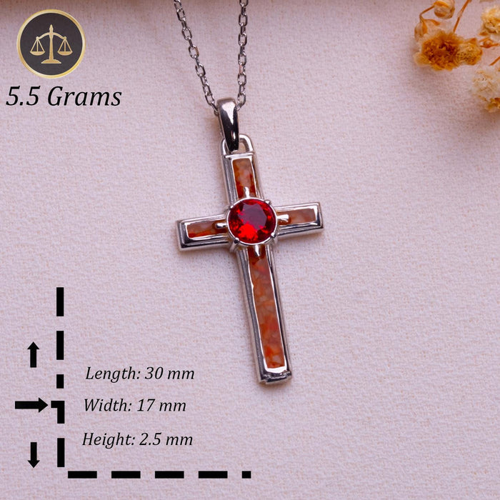 Coral cross necklace photograph with weight and pendant measurement overlay