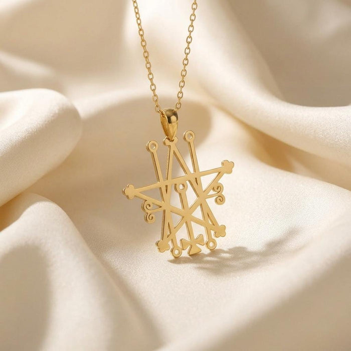 Gold Plated Silver Astaroth Sigil Necklace displayed on ivory fabric
