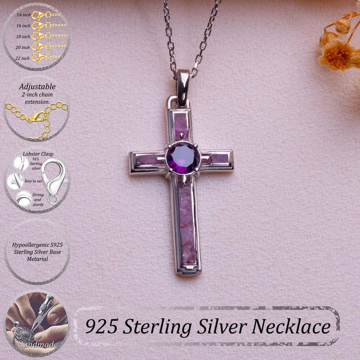 Dainty amethyst cross necklace product detail image with an outdated options and materials graphic