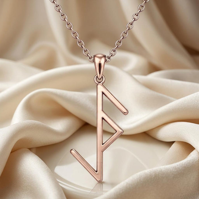 Rose-tone Viking Protection Rune Necklace close-up on draped ivory fabric