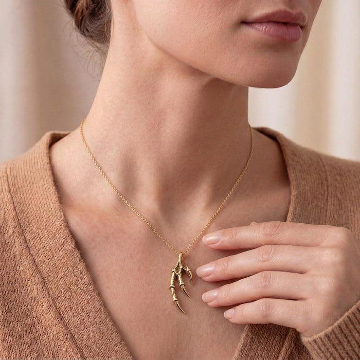 Gold Plated Silver Dragon Claw Pendant Necklace worn at the collarbone