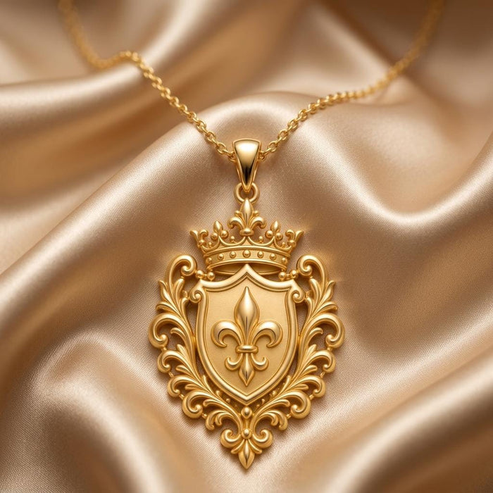 Dynasty Emblem Necklace in Gold Plated Silver with a crowned fleur-de-lis shield on champagne satin