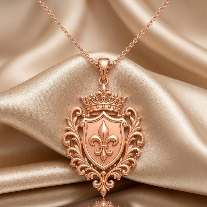 Rose Gold Plated Dynasty Emblem Necklace displayed on champagne satin