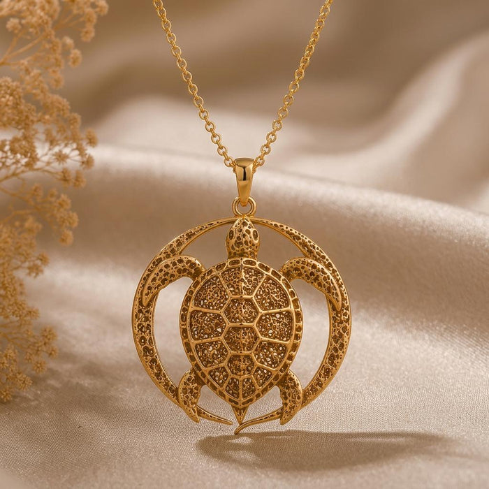 Close view of Gold Plated Silver Eclipse Turtle Relic pendant with textured segmented shell
