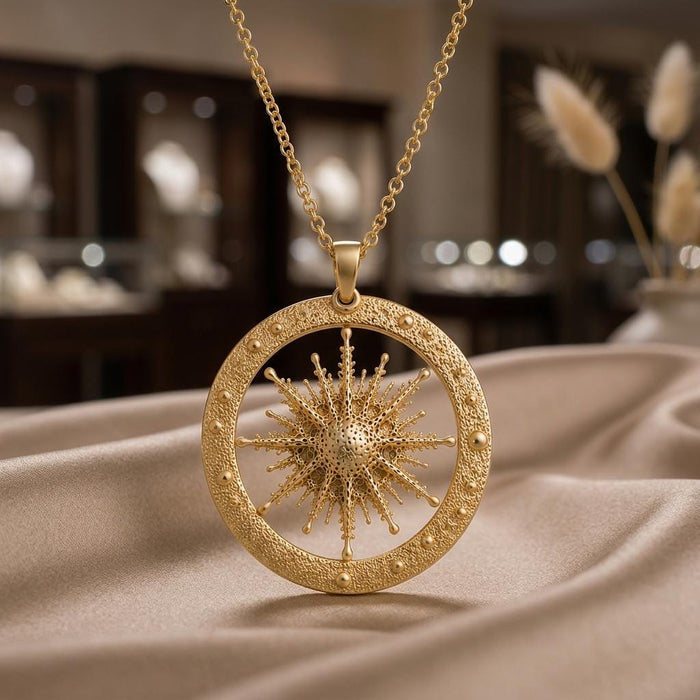 Gold-finish Elnath Star Pendant Necklace displayed upright on champagne satin with the circular starburst pendant centered