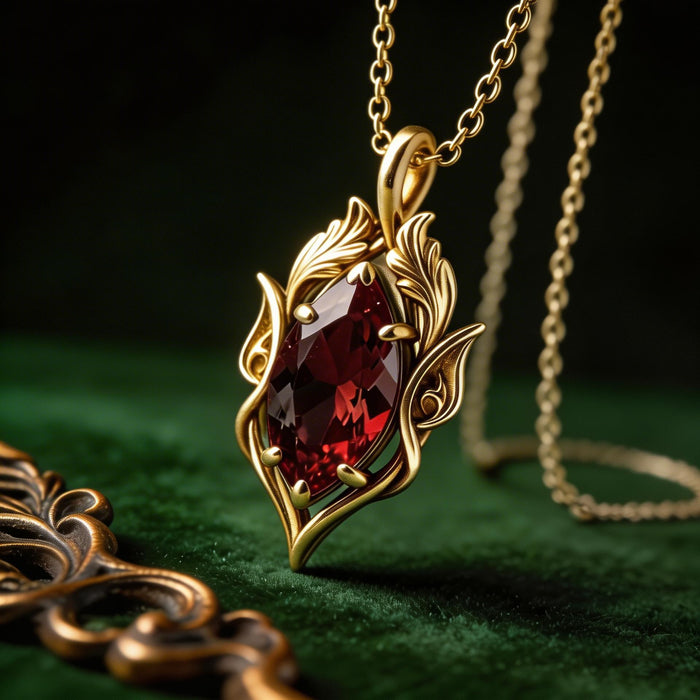 Close-up of a Gold Plated Silver Elven Birthstone Necklace showing leaf and feather-like frame details
