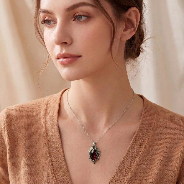Model wearing a Silver Elven Birthstone Necklace with an elongated pointed pendant