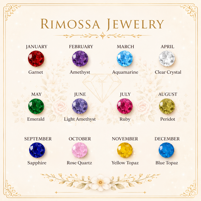 RIMOSSA Jewelry birthstone guide with monthly selectable stone options