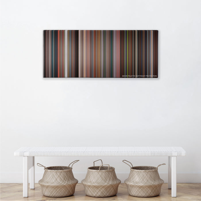 Fantastic Four color palette canvas above a white bench with three woven baskets