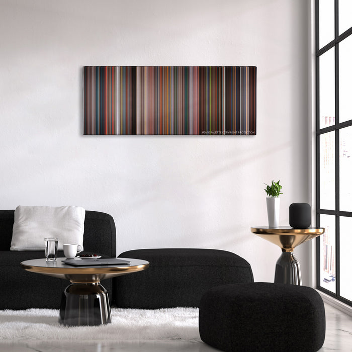 Fantastic Four color palette canvas above a black sofa with a gold-topped table
