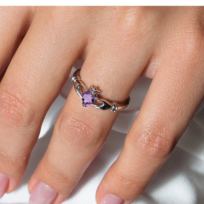 February Sterling Silver 925 Rhodium Plated CZ Center Birthstone Claddagh Ring - BGR01083FEB