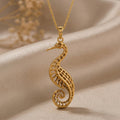 Gold Plated Silver Fossil Crane Pendant Necklace with an openwork crane and spiral tail on champagne satin