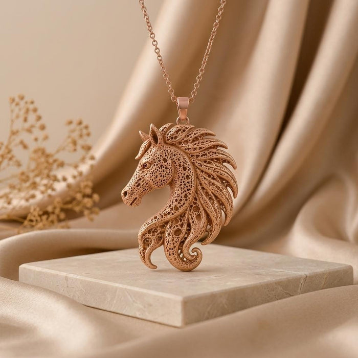 Rose-toned Fossil Horse Crest pendant displayed on a pale stone platform with champagne satin