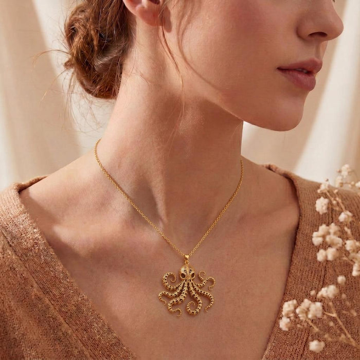 Model wearing the Gold Plated Silver Fossil Octopus Spine Pendant Necklace