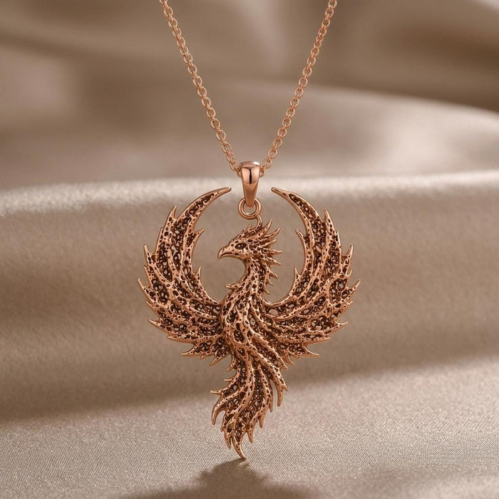 Close-up of Rose Gold Plated Fossil Phoenix Crest pendant with textured layered openwork wings