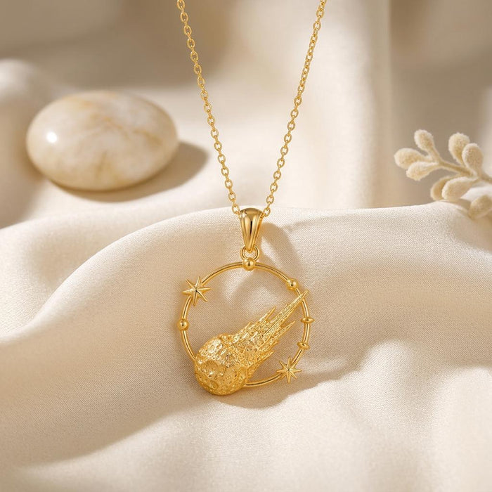 Gold Plated Silver Galactic Meteor Halo pendant with an open circular halo and two star accents