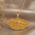 Gold-finish Giganotosaurus fossil pendant with raised dinosaur skeleton relief on champagne satin
