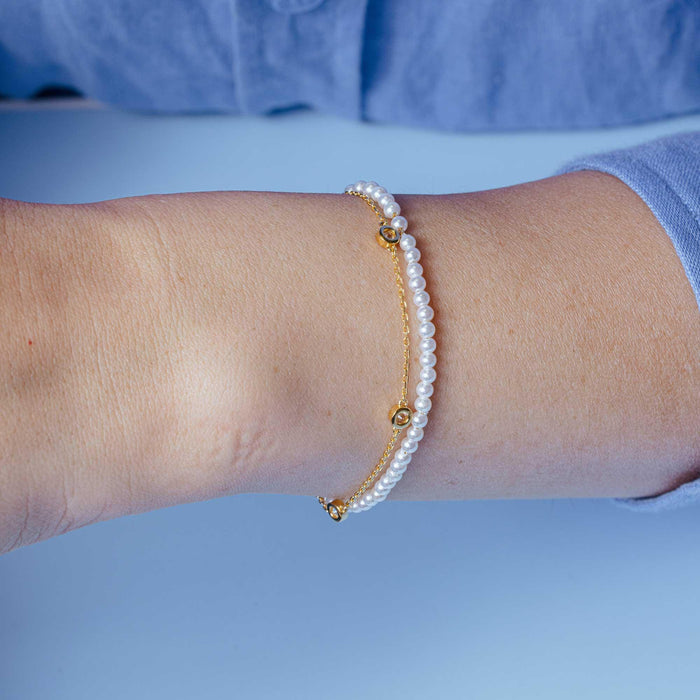 Gold Plated 925 Sterling Silver Double Strand Synthetic Pearl with CZ - GMB00054GP