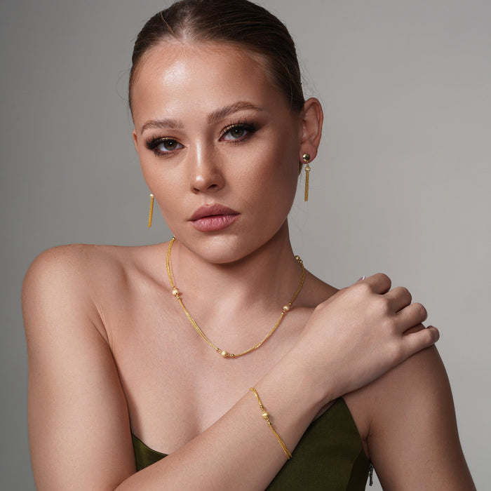 Gold Plated 925 Sterling Silver Hanging Bead with Multi Strands Earrings - DIE00003GP
