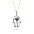 Gold Plated 925 Sterling Silver Multi Color CZ and Pearl Hamsa Pendant Necklace - BGP01246