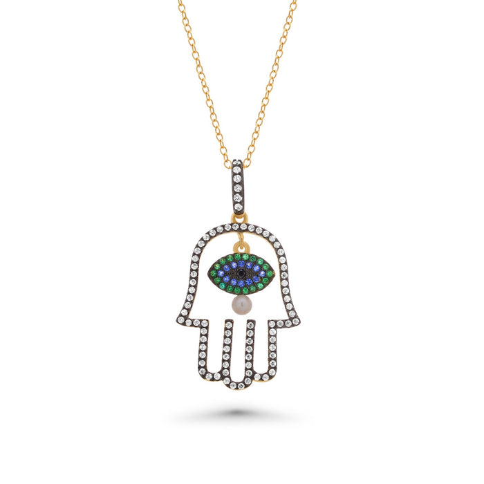 Gold Plated 925 Sterling Silver Multi Color CZ and Pearl Hamsa Pendant Necklace - BGP01246