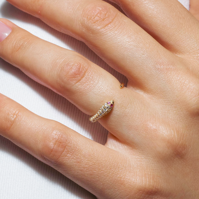 Gold Plated 925 Sterling Silver Open Snake Ring with CZ - BGR01106