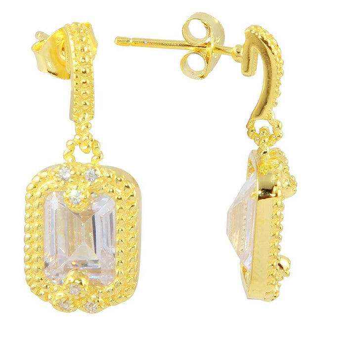 Silver 925 Gold Plated Clear Rectangle Dangling Earrings - BGE00561CLR | Silver Palace Inc. #color_clear