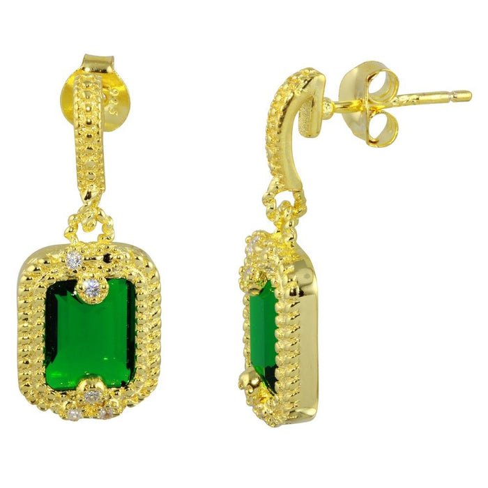 Silver 925 Gold Plated Green Rectangle Dangling Earrings - BGE00561GRN | Silver Palace Inc. #color_green