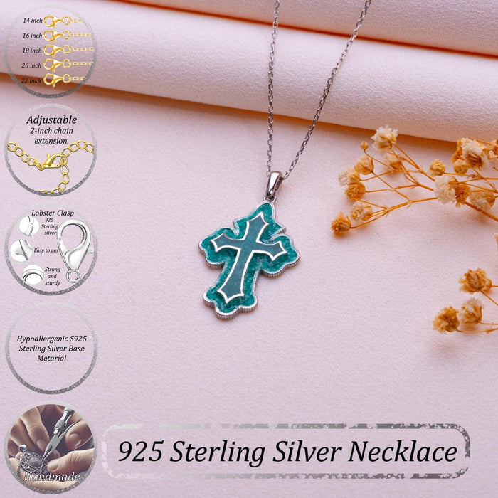 Blue accent cross necklace beside graphics for length choices, extender chain, clasp, and material information