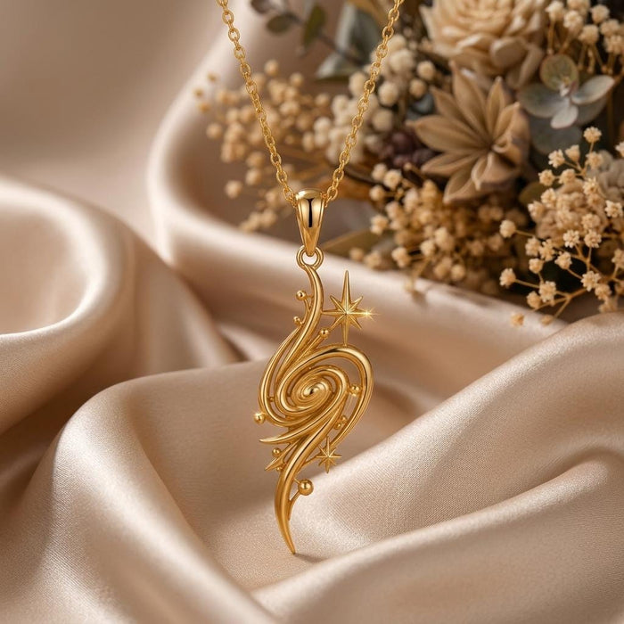 Golden Nebula Pendant Necklace in Gold Plated Silver with an elongated openwork spiral, bead-like details, and two pointed star accents on champagne satin