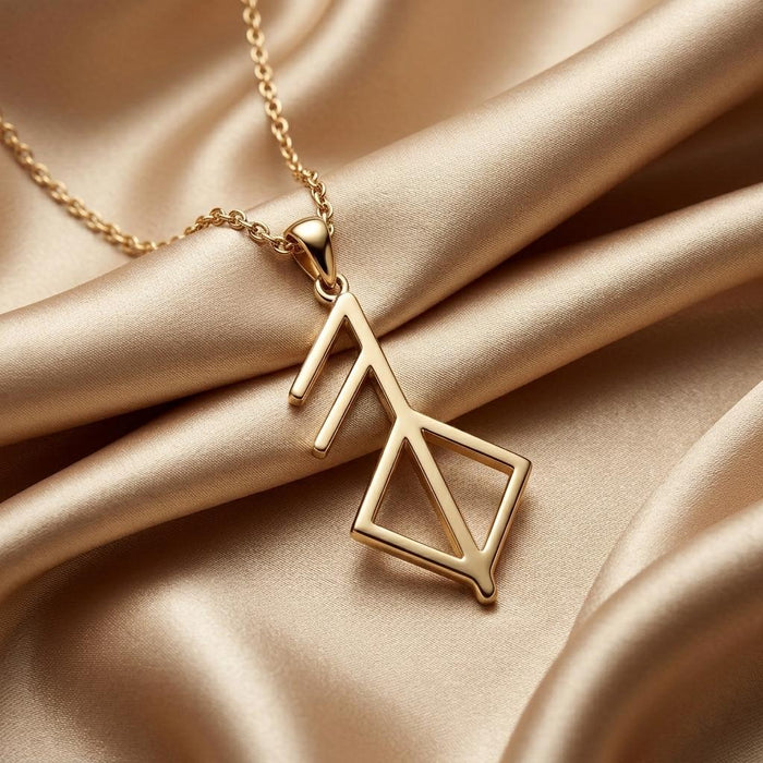 Gold Plated Silver Growing Love Rune pendant close-up on champagne satin