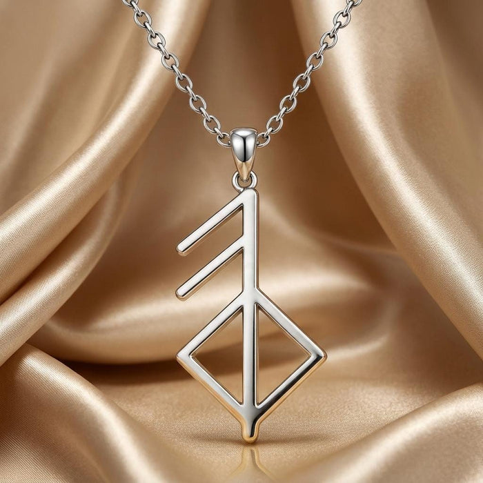 Silver Growing Love Rune pendant close-up on draped champagne satin