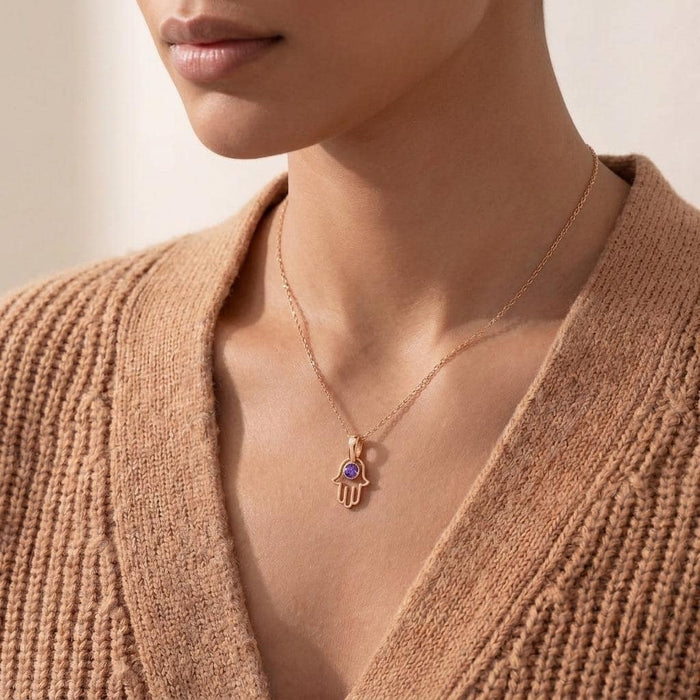 Rose Gold Plated openwork Hamsa Birthstone Necklace worn at collarbone length