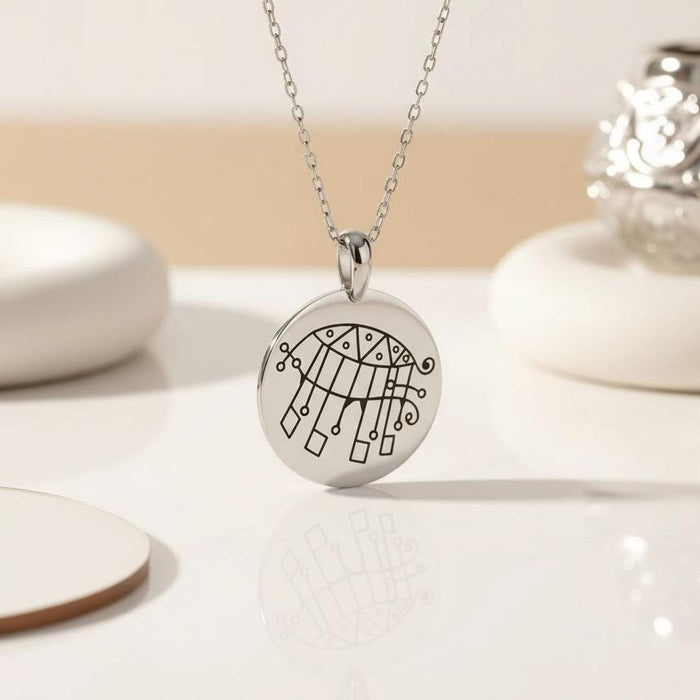 Silver Bifrons Sigil Necklace with round pendant on a reflective white surface