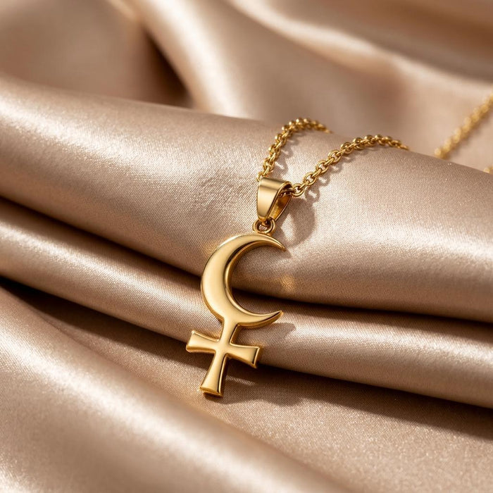 Gold Plated Silver Crescent Venus pendant on champagne satin