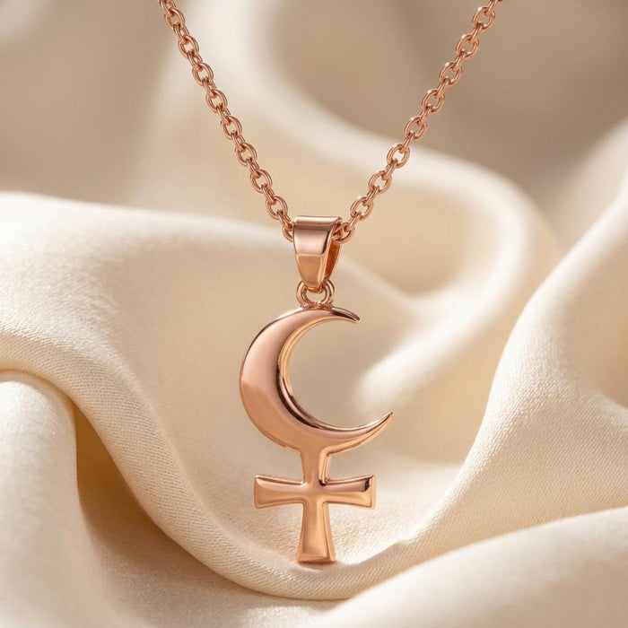 Rose Gold Plated Crescent Venus pendant on ivory satin
