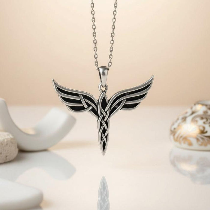 Close-up of the Elven Wing Necklace showing symmetrical openwork wings and an interlaced pointed center
